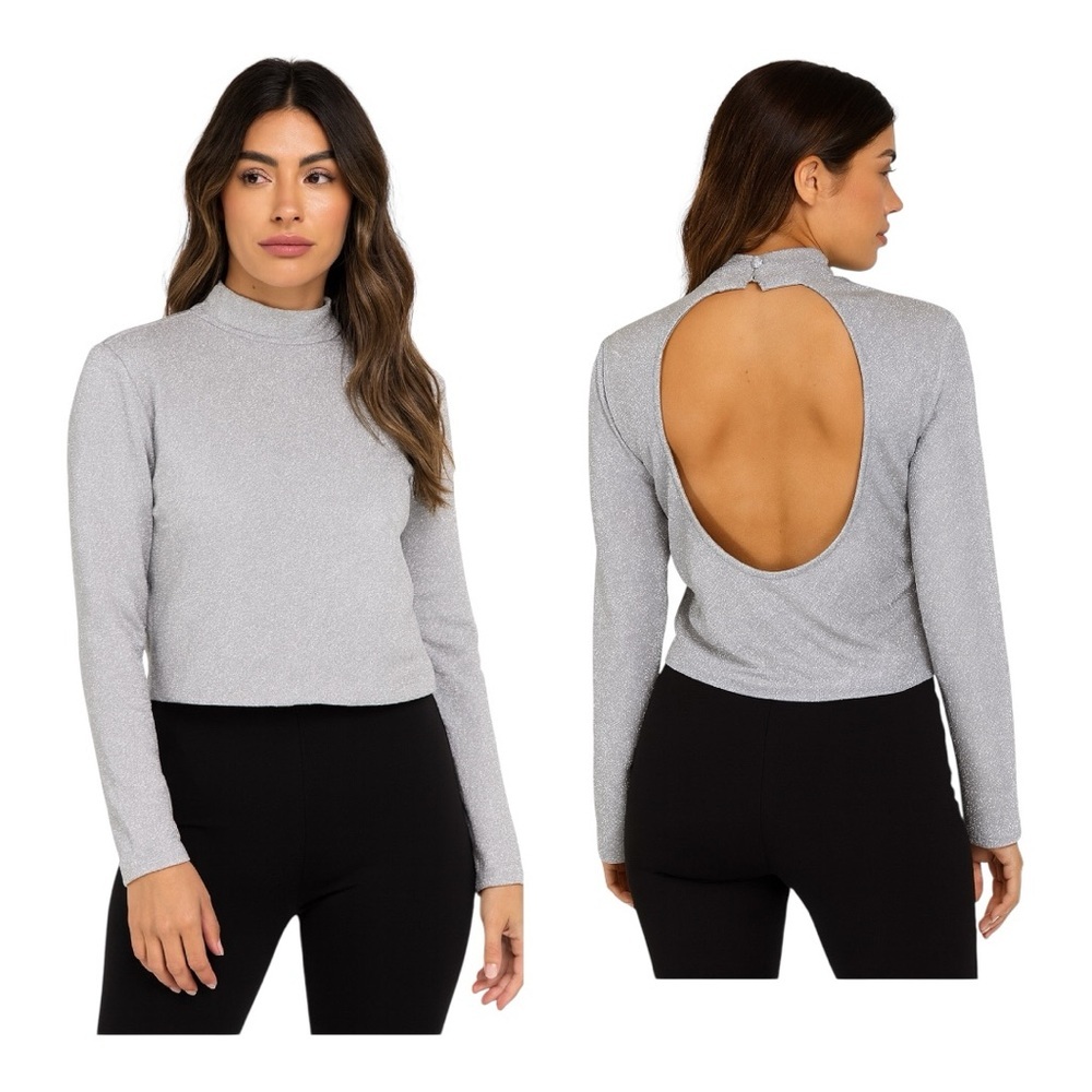 Elodie Silver‎ Glitter Open Back Long Sleeve Top Size XL
